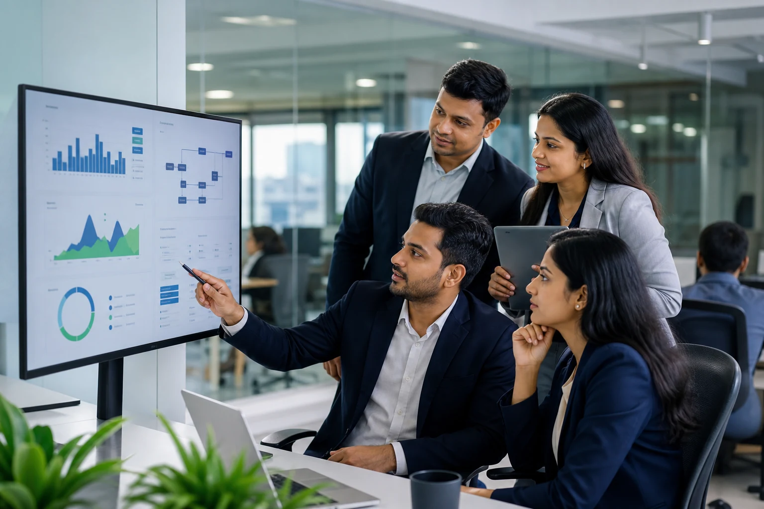 Corporate operations team reviewing service dashboard