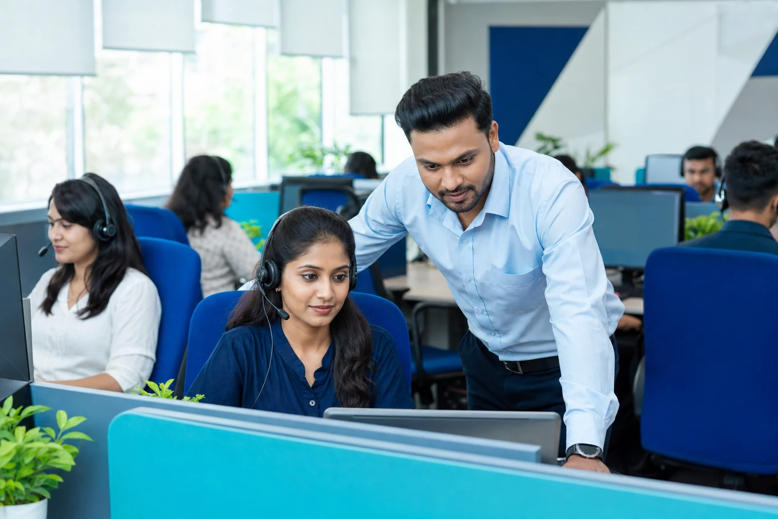 Customer support team working in an office